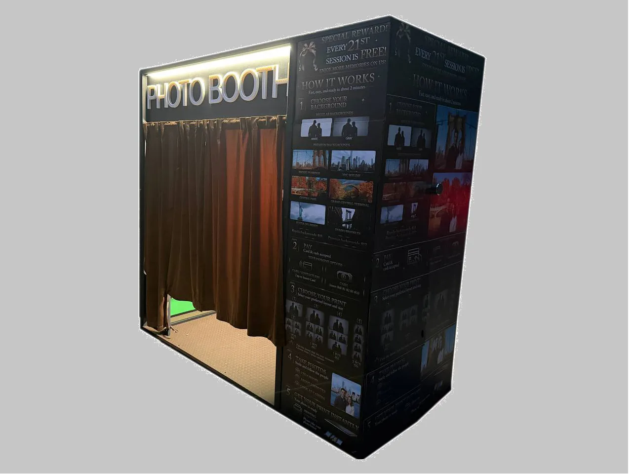 Illuminated photo booth at night