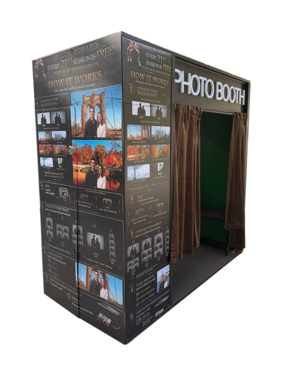 Photo booth showing green screen interior